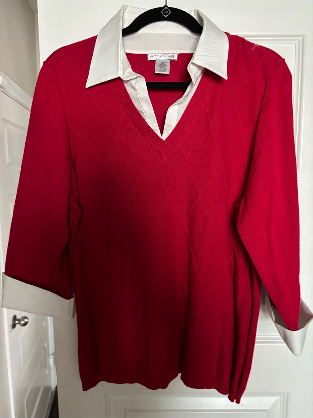 Notations Red V‑Neck Sweater with White Collar and Cuffs